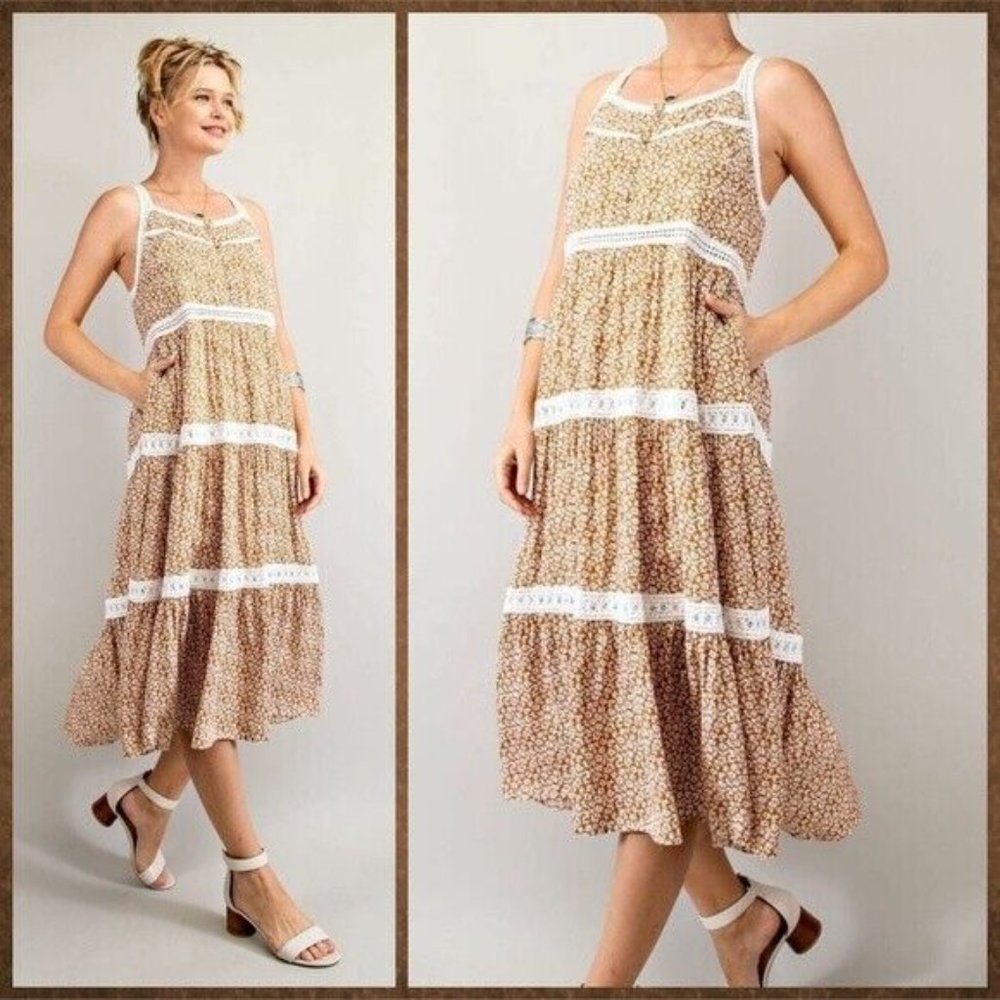 EASEL Racerback Floral Print Lace Trim Tiers Midi - Maxi Ruffled Hem - Picture 4 of 16